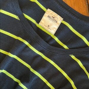Hollister Navy and Lime Striped Long Sleeve Tee
